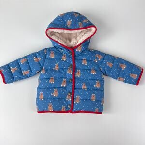 Baby Boden Teddy Bear Print Jacket with Hood size 3-6 Months Sherpa Lined Blue